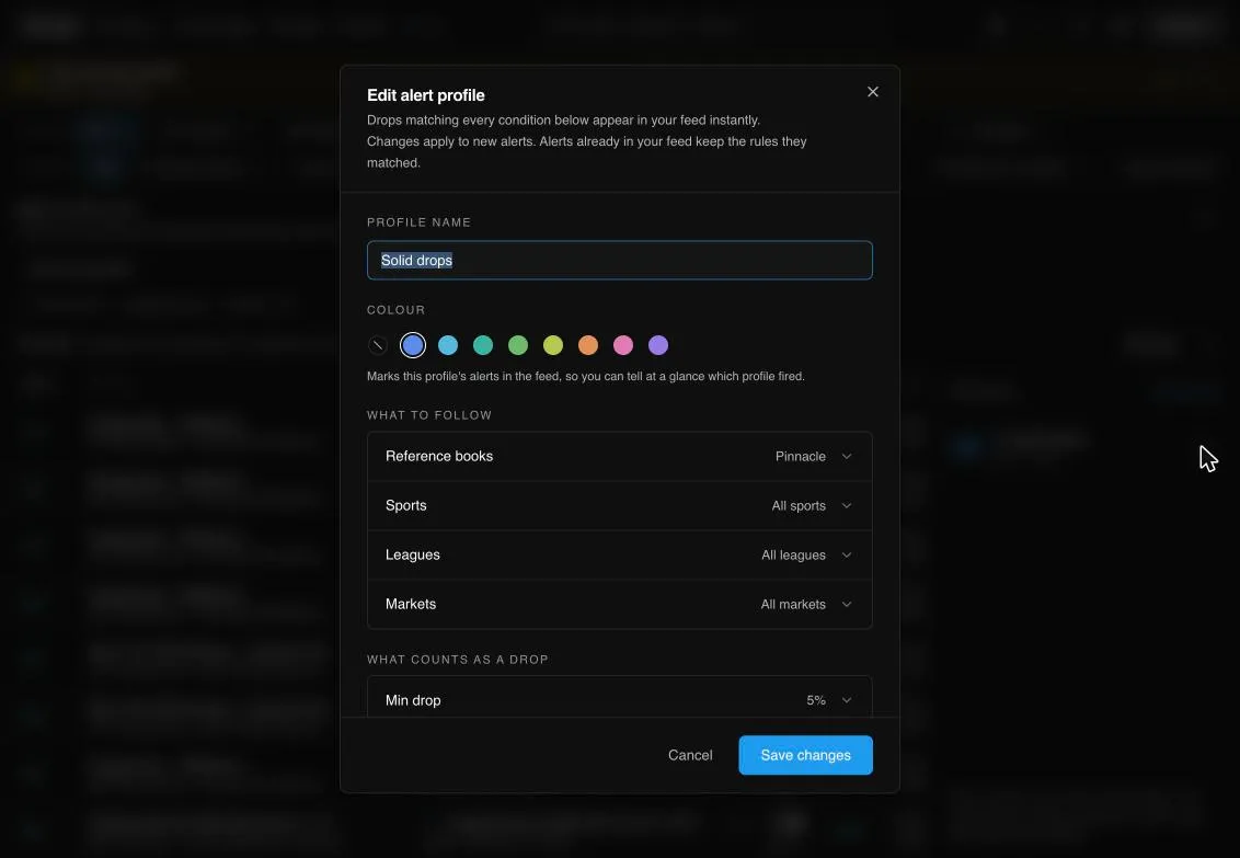 Editing an OddsHub drop profile with reference books, sports, leagues, markets and minimum drop
